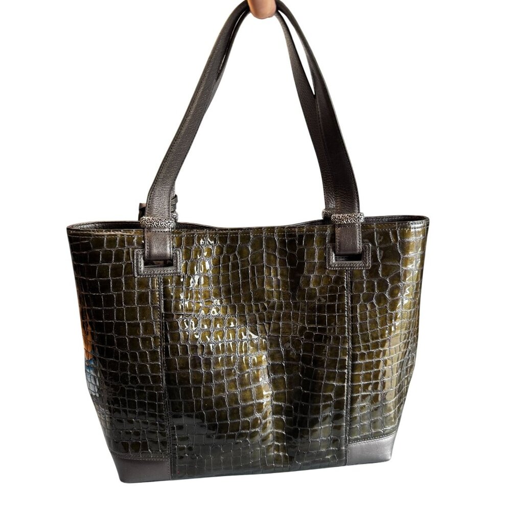 Brighton Jetson Laptop Tote Green Croc Embossed Patent Leather 14 Inch - Picture 6 of 12